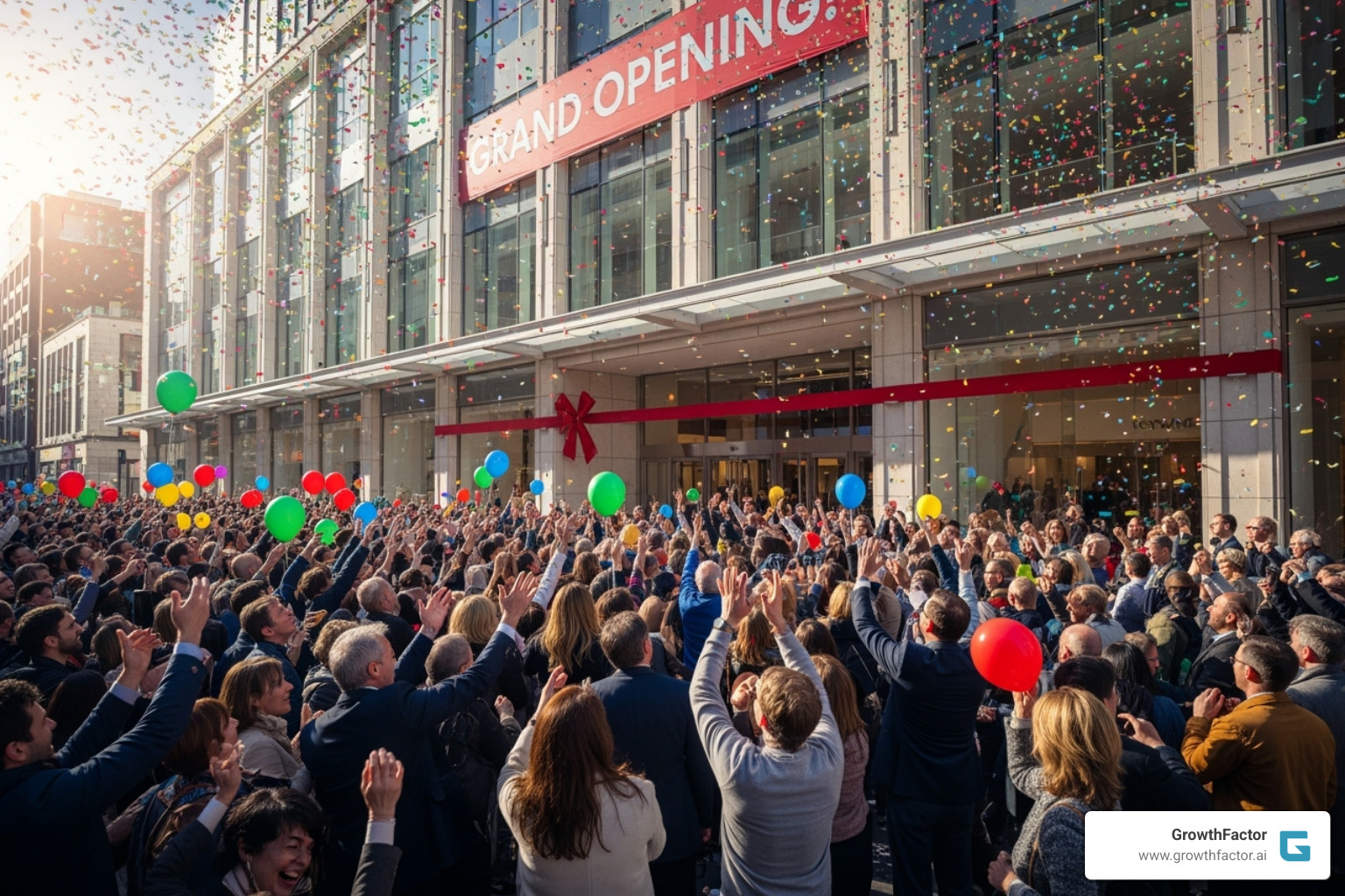 Image of a large, diverse crowd of people celebrating outside a new store opening, with balloons and confetti - new store opening