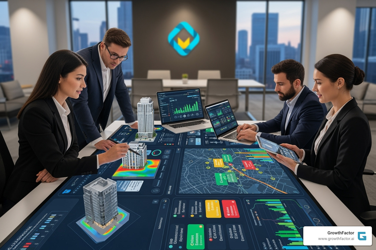 A diverse real estate team collaborating around a screen showing portfolio data, highlighting teamwork and technological integration - commercial real estate investment software management
