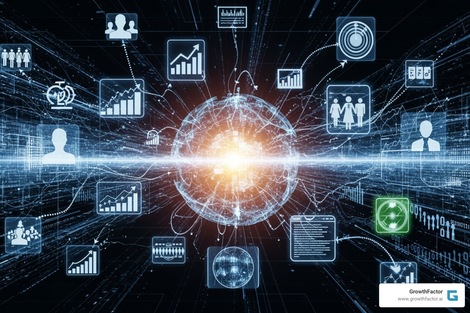 image of various data source icons (demographics, economic data, data feeds) feeding into a central analysis hub - Sales potential analysis image of various data source icons (demographics, economic data, data feeds) feeding into a central analysis hub - Sales potential analysis