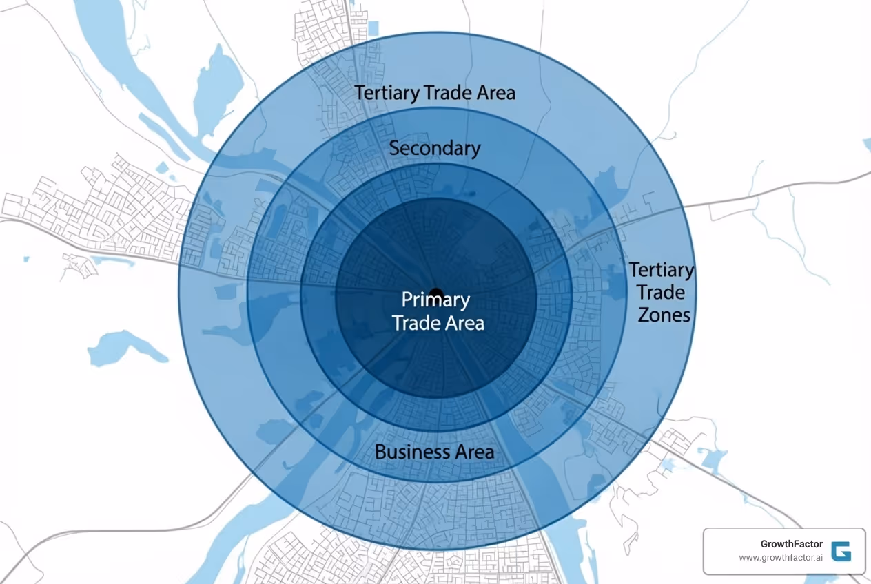 Map illustrating primary, secondary, and tertiary trade area zones - what is a trade area