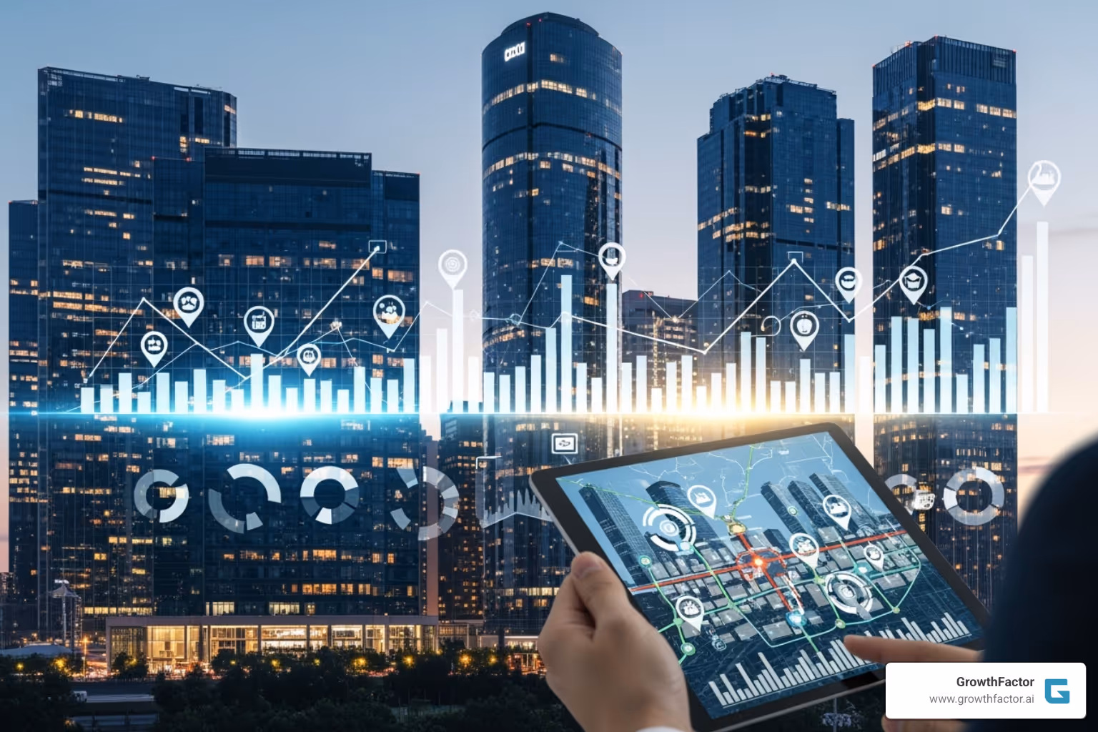 A dashboard displaying key commercial real estate metrics, including vacancy rates, average lease rates, and sales volumes broken down by industrial, office, retail, and multifamily sectors. - commercial real estate data