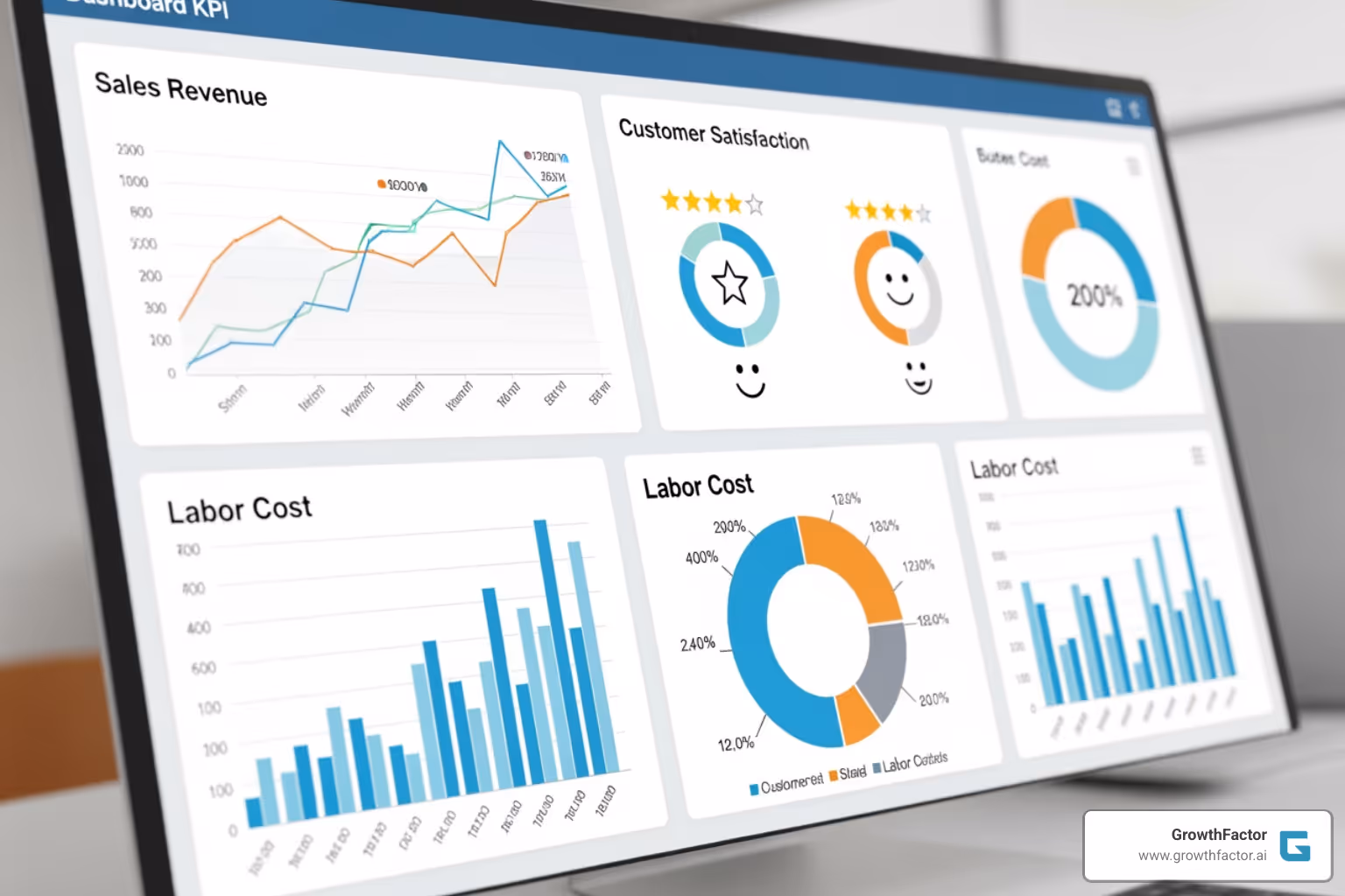 Customized dashboard highlighting key performance indicators (KPIs) like sales, customer satisfaction, and labor costs - Franchise analytics software Customized dashboard highlighting key performance indicators (KPIs) like sales, customer satisfaction, and labor costs - Franchise analytics software
