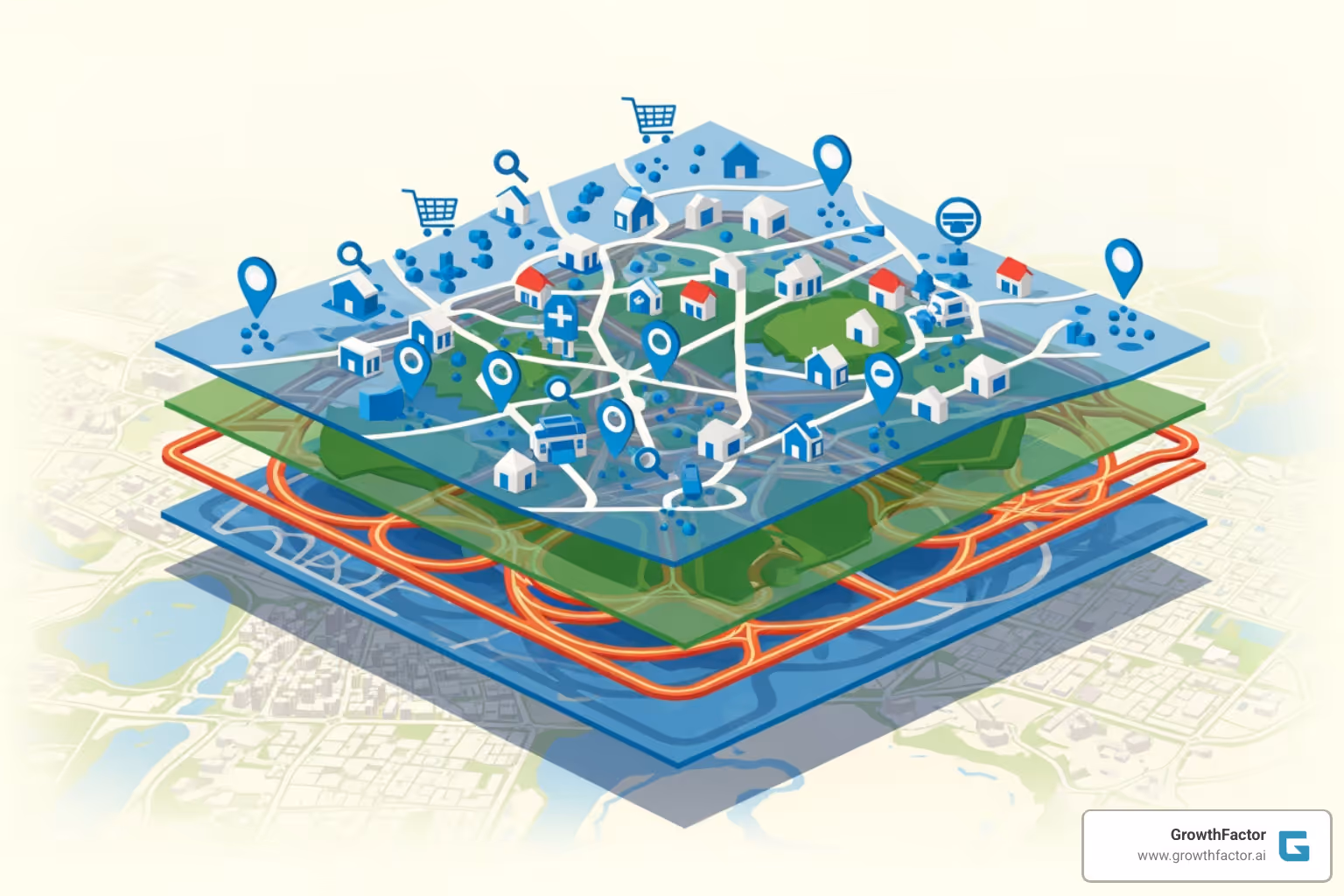 Illustration of various geospatial data types including points (e.g., store locations), lines (e.g., roads, routes), polygons (e.g., trade areas, administrative boundaries), and raster data (e.g., satellite imagery, elevation maps) - location intelligence Illustration of various geospatial data types including points (e.g., store locations), lines (e.g., roads, routes), polygons (e.g., trade areas, administrative boundaries), and raster data (e.g., satellite imagery, elevation maps) - location intelligence