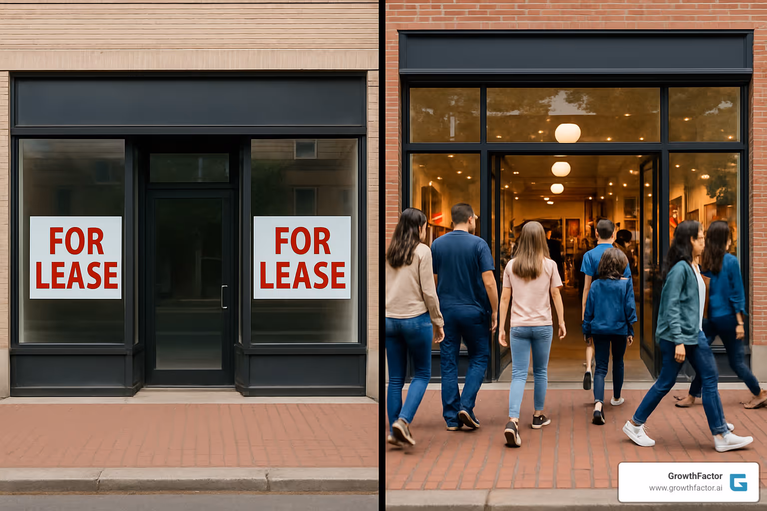 Comparison showing a closed storefront with 'For Lease' signs versus a thriving retail store with busy foot traffic - retail site location analysis
