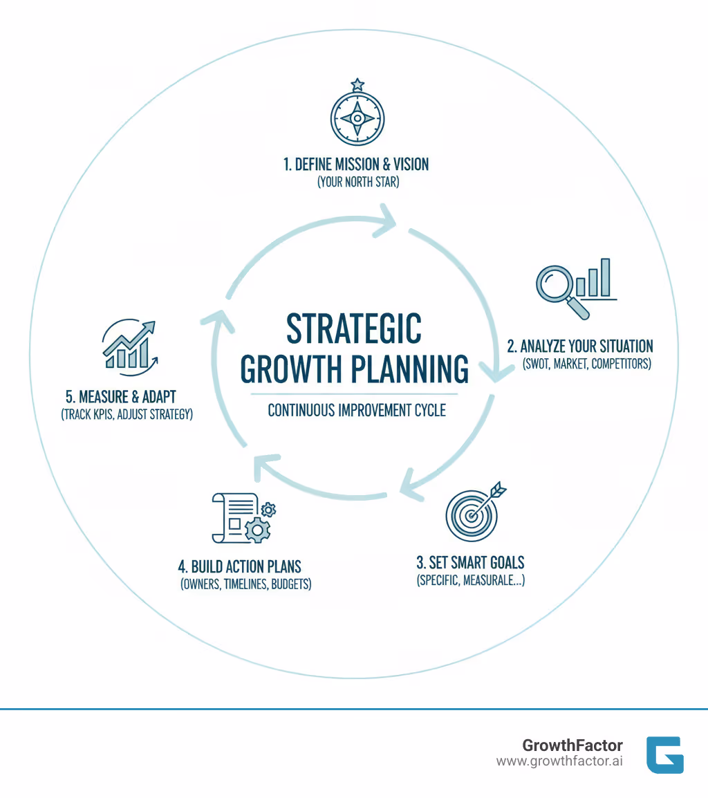 Infographic showing the five core components of strategic growth planning: 1) Define Mission and Vision (your north star), 2) Analyze Your Situation (SWOT, competitors, market), 3) Set SMART Goals (specific, measurable, attainable, relevant, time-bound), 4) Build Action Plans (assign owners, timelines, budgets), and 5) Measure and Adapt (track KPIs, adjust strategy). Each component flows into the next in a circular process emphasizing continuous improvement. - strategic growth planning infographic 