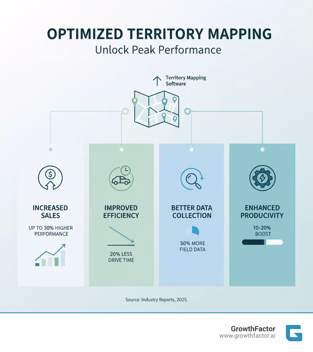 Infographic showing how optimized territory mapping leads to increased sales (up to 30% higher performance), improved efficiency (20% less drive time), better data collection (50% more field data), and enhanced productivity (10-20% boost) - territory mapping software infographic Infographic showing how optimized territory mapping leads to increased sales (up to 30% higher performance), improved efficiency (20% less drive time), better data collection (50% more field data), and enhanced productivity (10-20% boost) - territory mapping software infographic