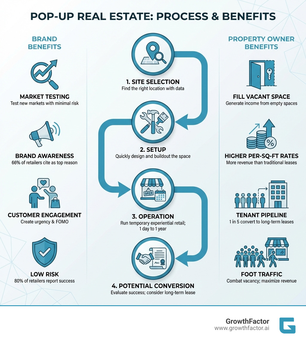 Infographic showing the pop-up real estate process: Brand benefits (market testing, brand awareness, customer engagement, low risk) on the left, Property Owner benefits (fill vacant space, higher per-square-foot rates, tenant pipeline, foot traffic) on the right, with a central flow showing the typical pop-up lifecycle from site selection through setup, operation, and potential conversion to long-term lease - pop up real estate infographic 