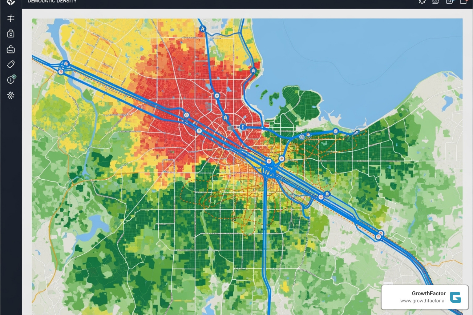 software dashboard showing demographic and traffic data layers - retail site selection software