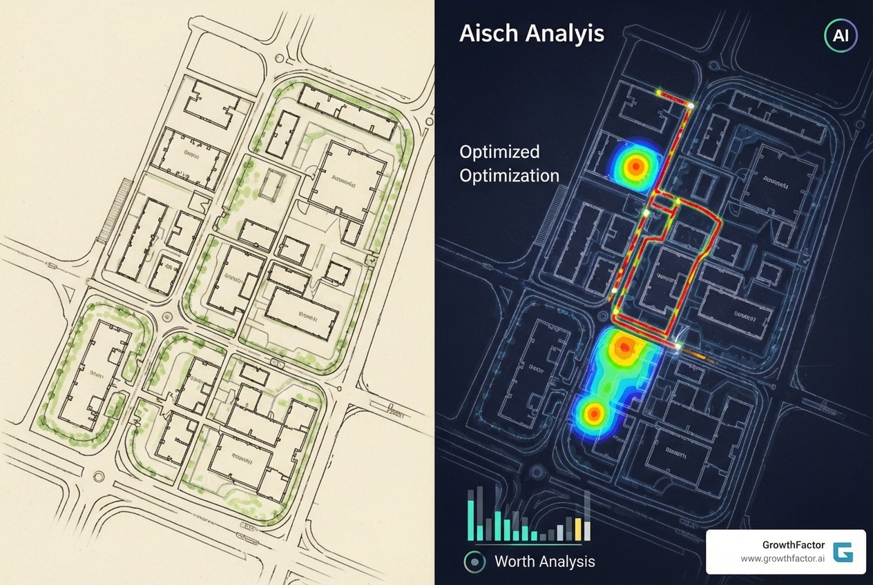 Comparison of traditional hand-drawn site plan with dynamic AI-generated map - AI site analysis Comparison of traditional hand-drawn site plan with dynamic AI-generated map - AI site analysis