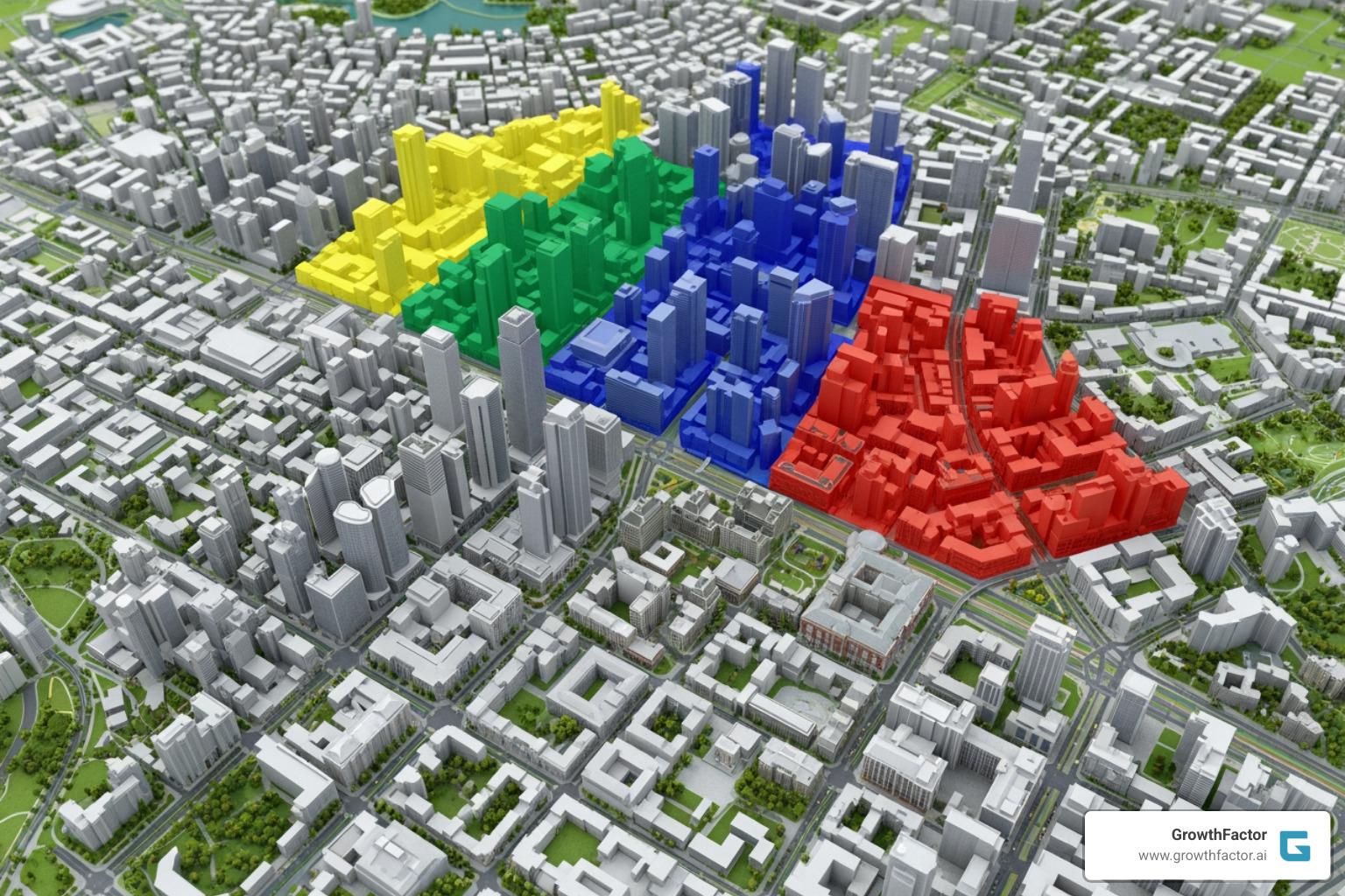 3D urban model with highlighted zones for development potential - AI site analysis 3D urban model with highlighted zones for development potential - AI site analysis