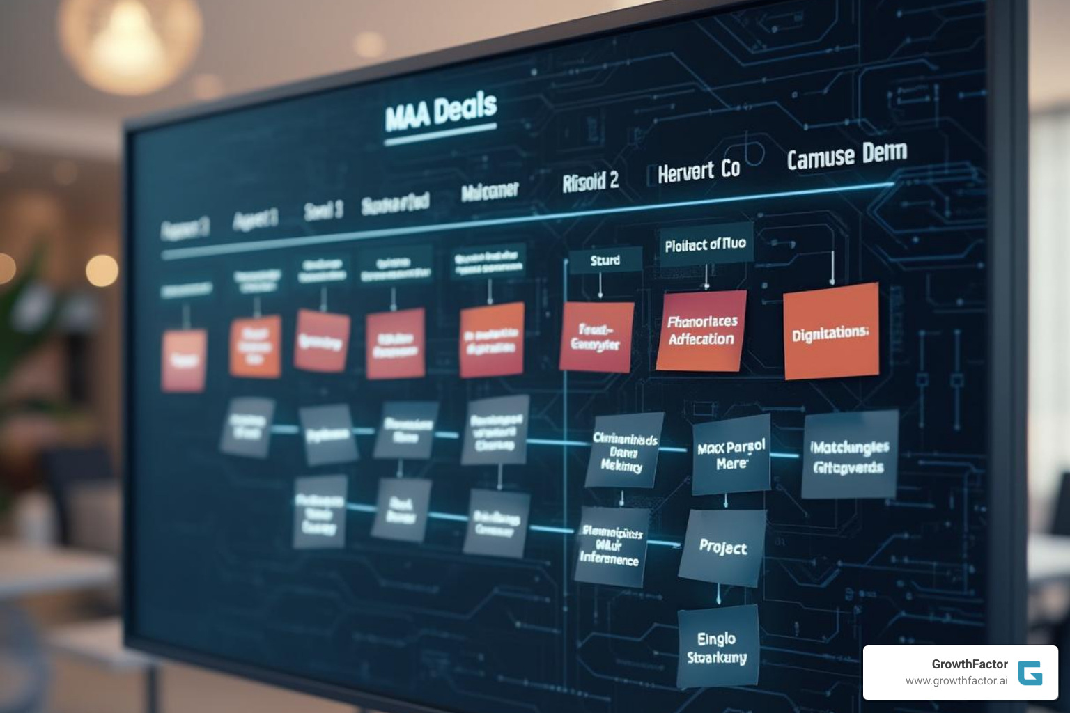 Image of a Kanban board showing M&A deal stages, illustrating deal flow management - m&a pipeline management software Image of a Kanban board showing M&A deal stages, illustrating deal flow management - m&a pipeline management software
