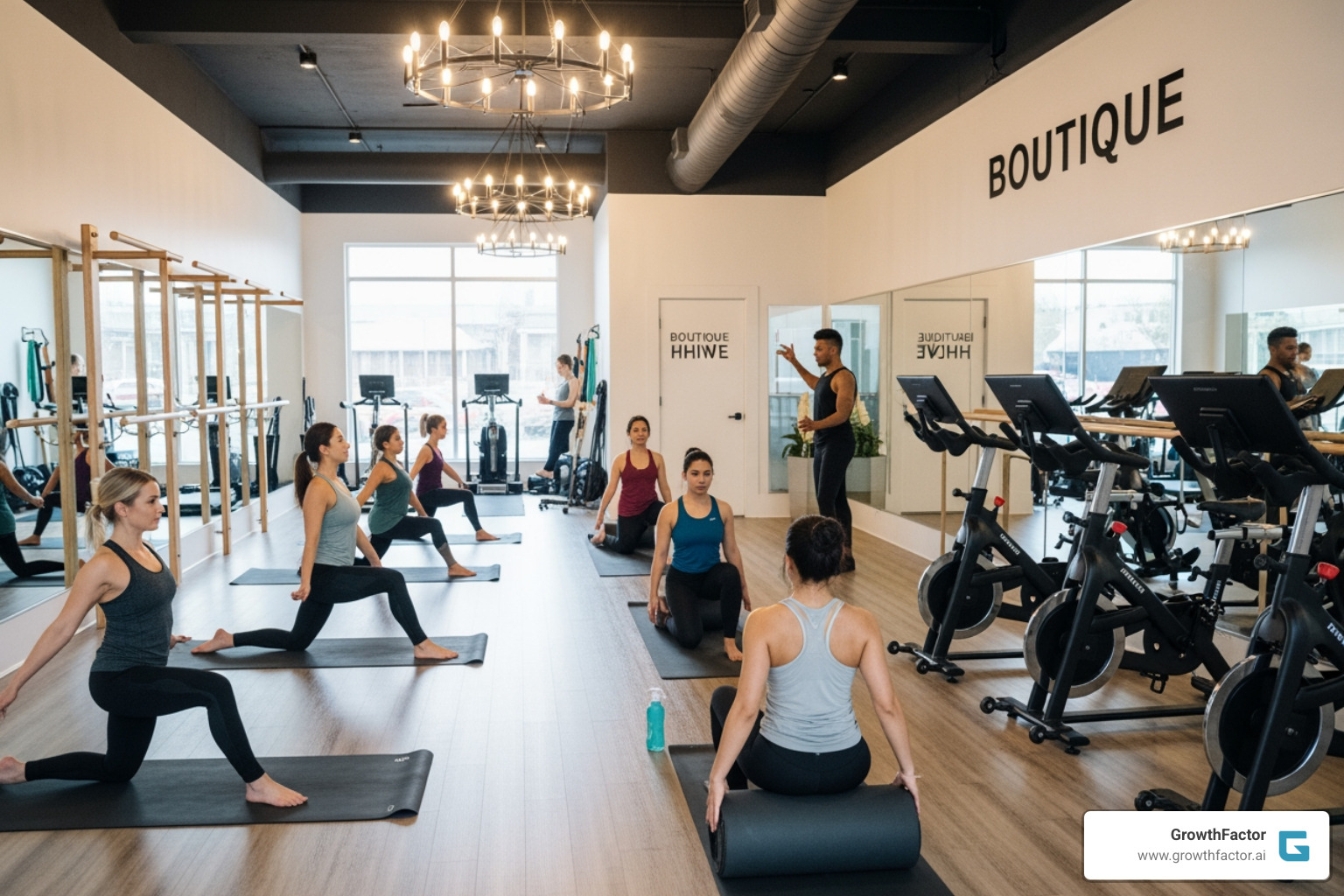 A person performing a Pilates exercise on a reformer machine in a modern studio - Boutique fitness franchise A person performing a Pilates exercise on a reformer machine in a modern studio - Boutique fitness franchise