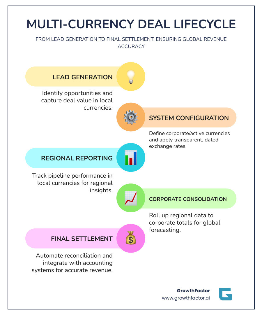 infographic showing multi-currency deal lifecycle from lead generation through currency selection, conversion rate application, regional reporting, corporate consolidation, and final settlement with accounting integration - best practices for managing multi-currency deal pipelines infographic infographic-line-5-steps-colors infographic showing multi-currency deal lifecycle from lead generation through currency selection, conversion rate application, regional reporting, corporate consolidation, and final settlement with accounting integration - best practices for managing multi-currency deal pipelines infographic infographic-line-5-steps-colors