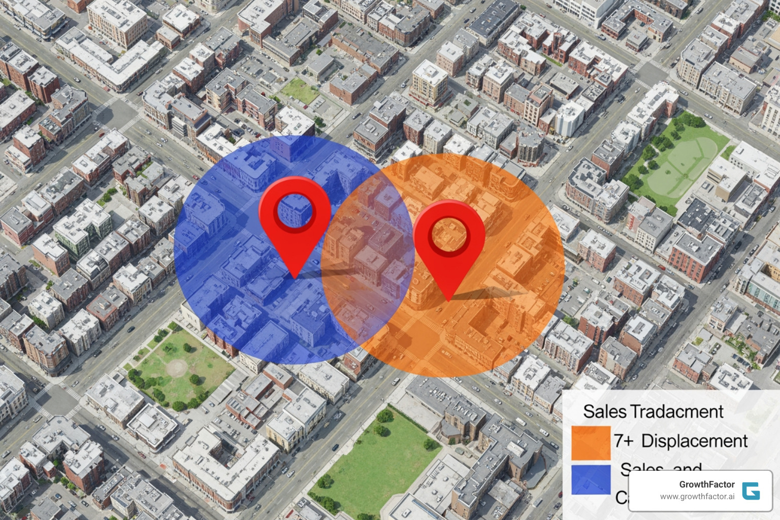 Map showing two retail locations with overlapping trade area circles representing sales displacement - How to calculate Map showing two retail locations with overlapping trade area circles representing sales displacement - How to calculate