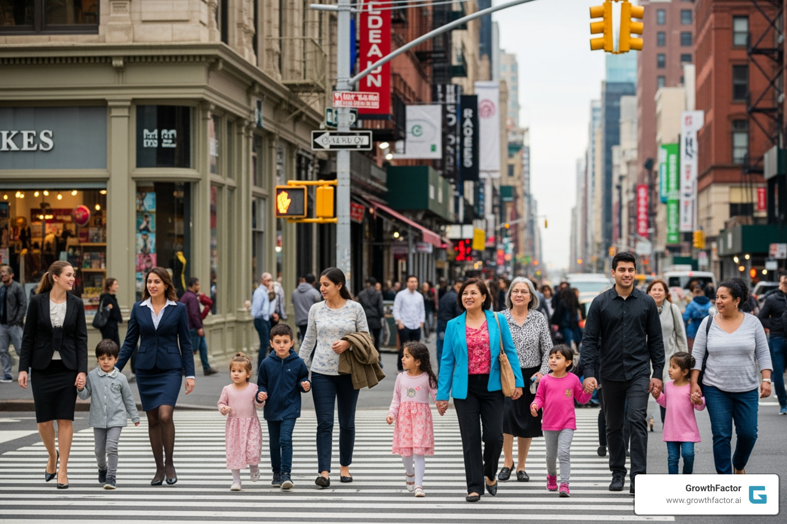 A diverse urban street corner representing the variety of demographic segments businesses must analyze - demographic site