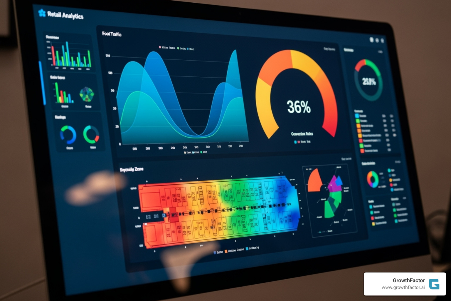 A retail analytics dashboard showing foot traffic data, conversion rates, and heatmaps - high foot traffic