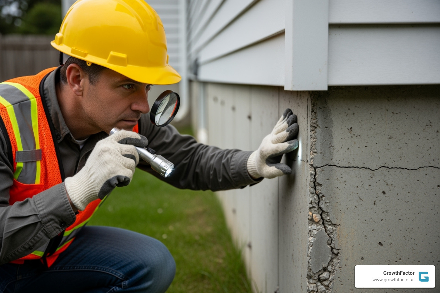 Home inspector examining a building's foundation - Property due diligence