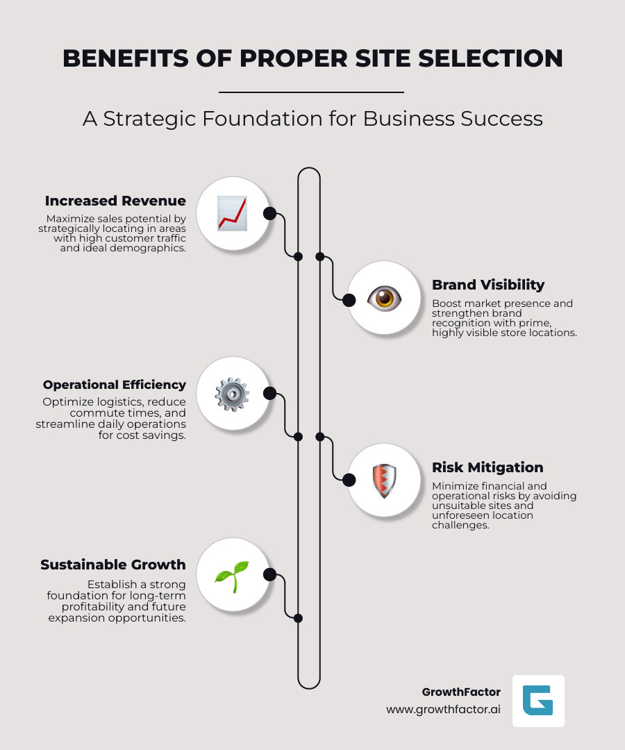 Infographic explaining the high-level benefits of proper site selection: increased revenue, brand visibility, operational efficiency, and risk mitigation. - site selection and analysis infographic infographic-line-5-steps-neat_beige