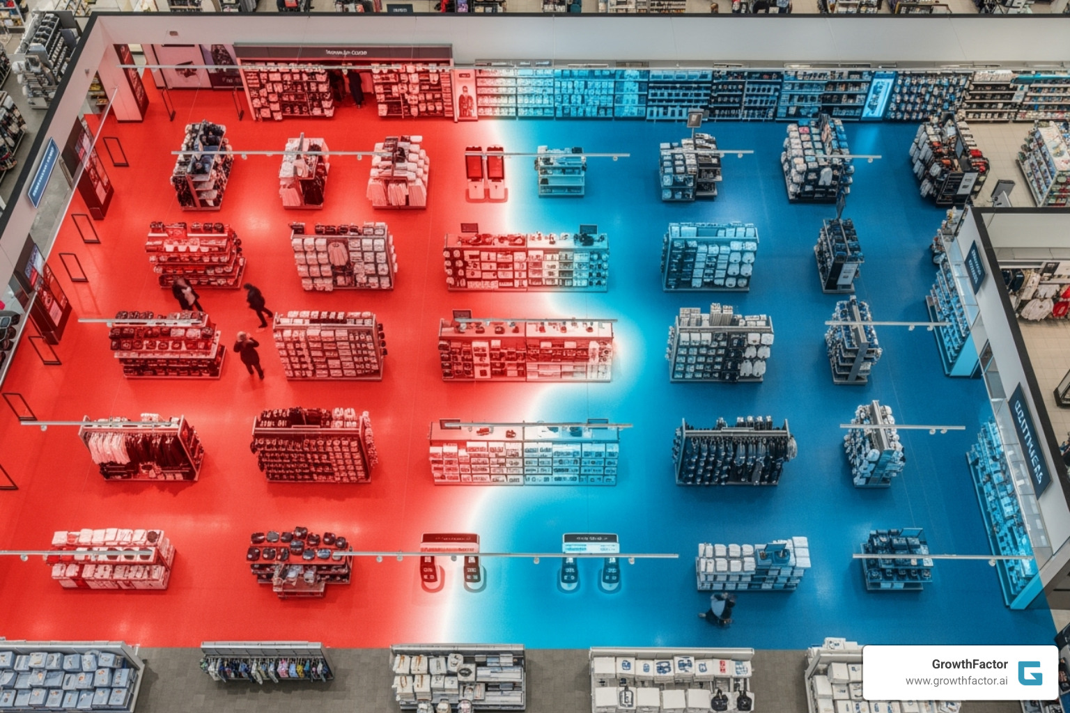 Image of an in-store heat map showing customer dwell times in different aisles and product displays - store location analytics