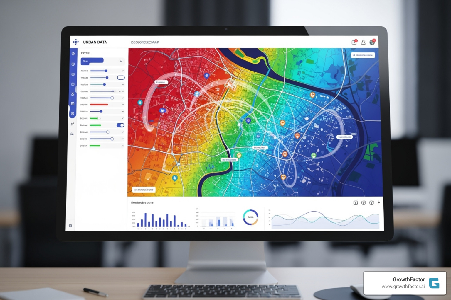 Image of a dashboard showing various data layers like demographics, mobility, and POI data, with interactive elements and filters - store location analytics