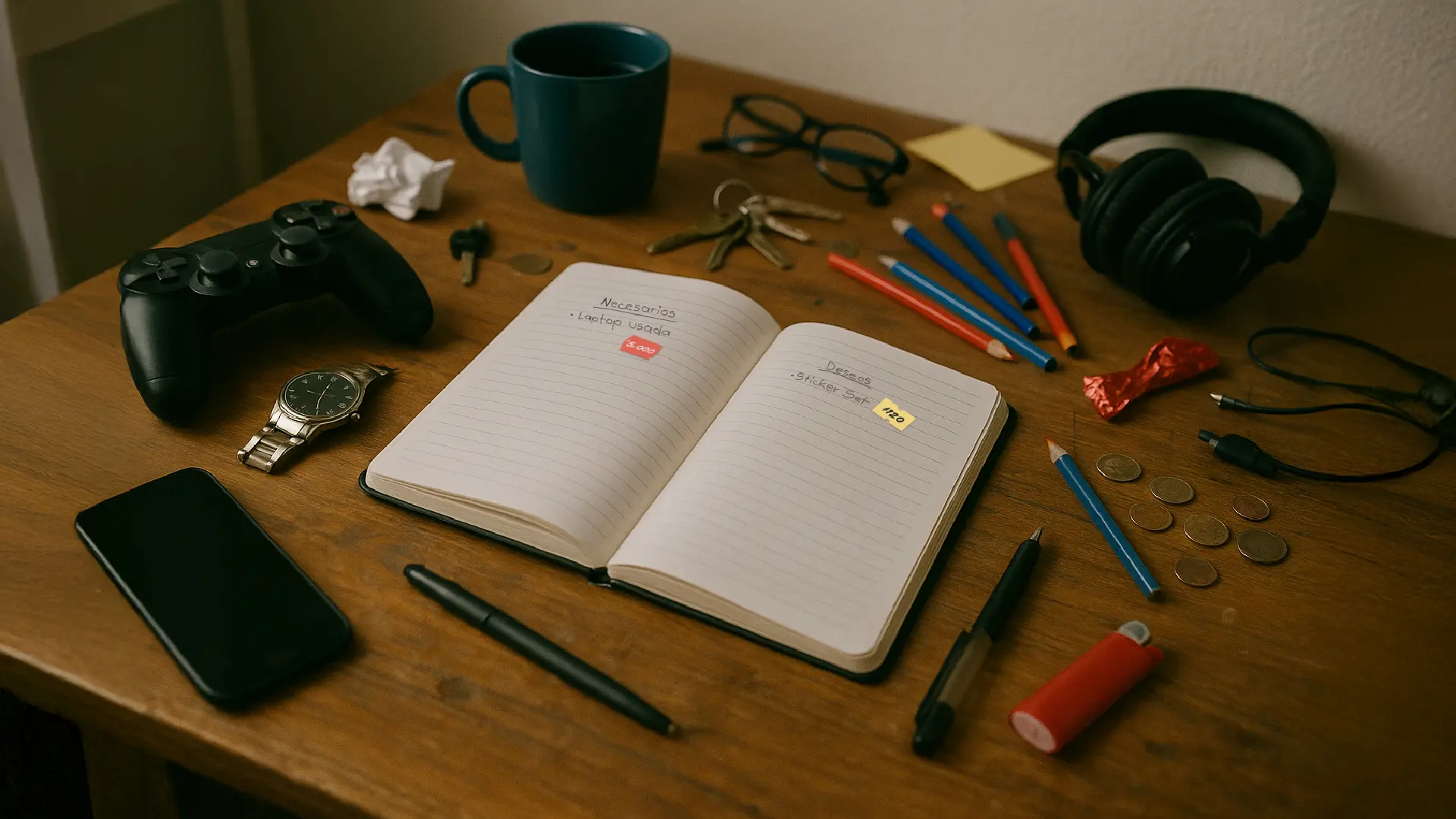 Imagen de una mesa con una libreta y gastos necesarios y deseos.