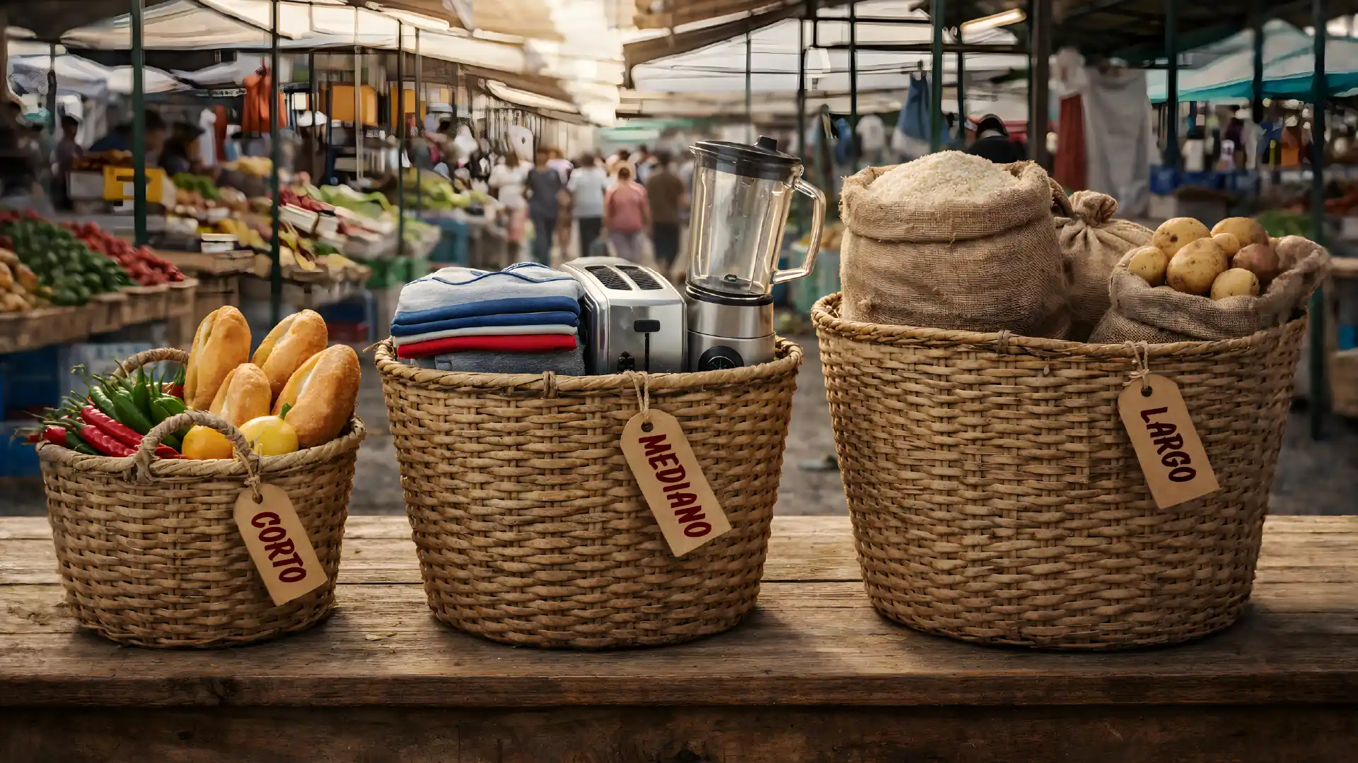 Imagen de tres canastas con productos electrodoméstico, frutas y granos. 