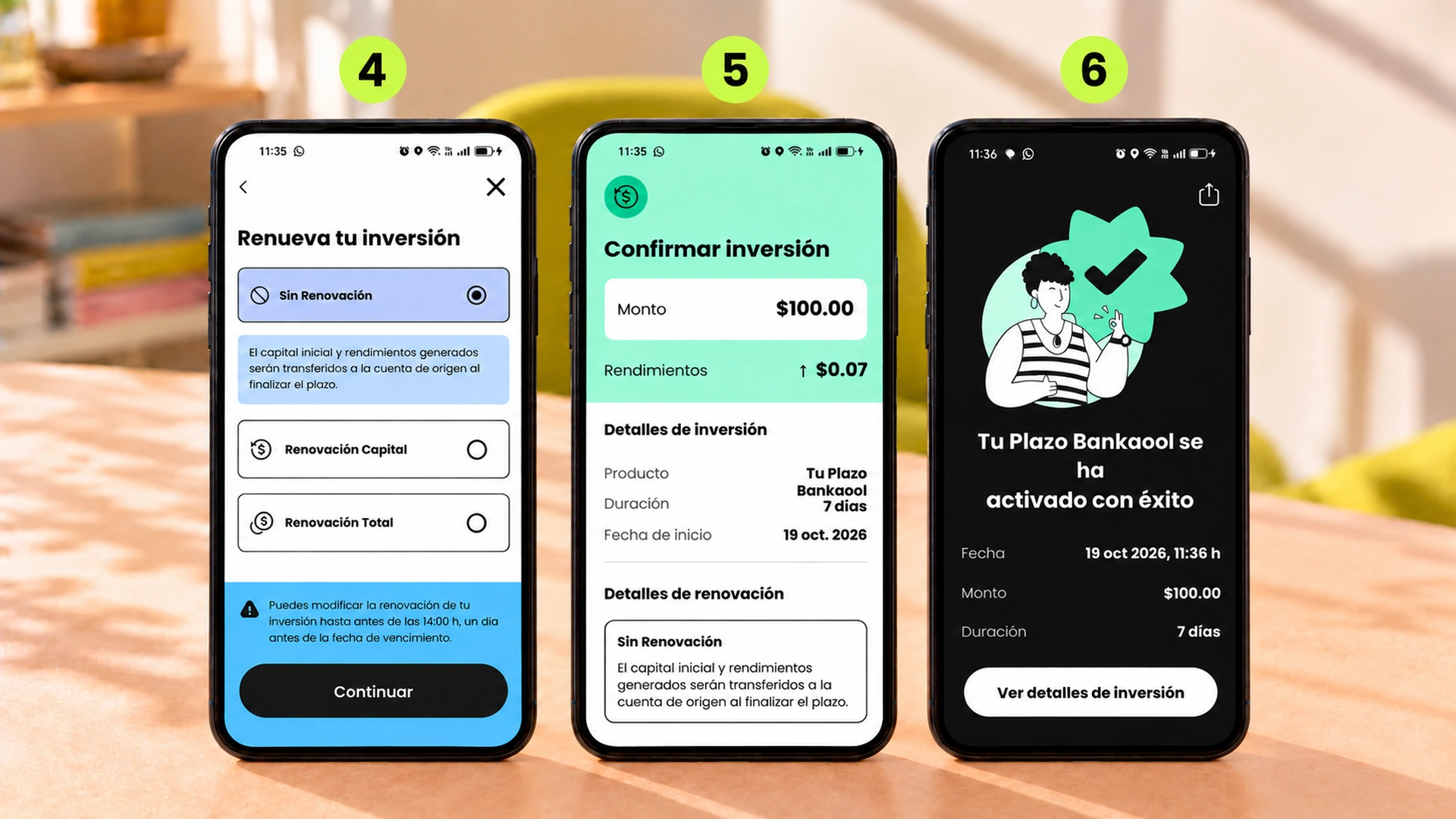 Flujo de inversión a 7 días en app Bankaool.