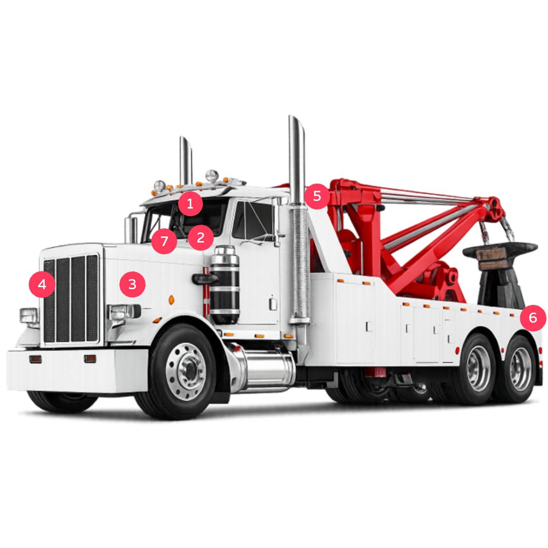 Tow truck attaching to a vehicle with RECON multi-camera system active