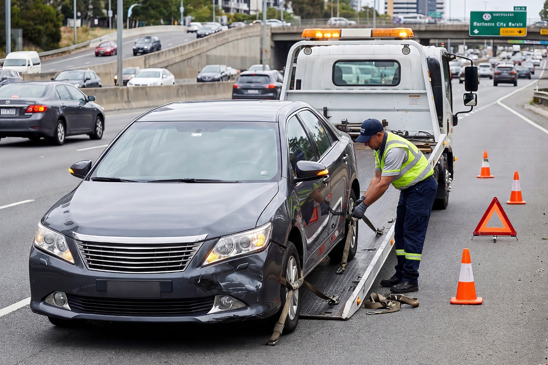 Tow truck operator assessing a vehicle before towing