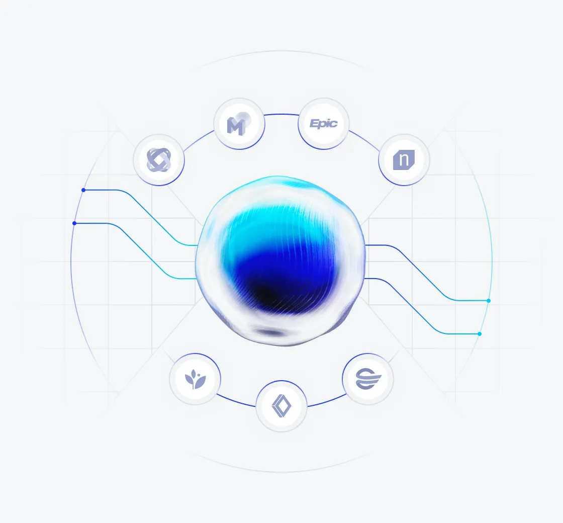 Abstract 3D sphere at the center, connected to various healthcare and device manufacturer logos, including Epic and GE, representing seamless EHR and device integration with no downtime.