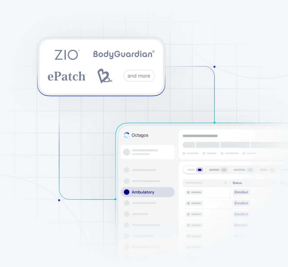 Abstract interface graphic showing connected medical device brands (RhythmStar, Welliysis, BardyDx) linked to a dashboard with patient monitoring data. It represents unified monitoring across wearables, event monitors, and Holters.
