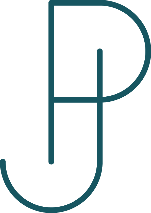 Dark teal letter P and J outlined icon with rounded curves and geometric design
