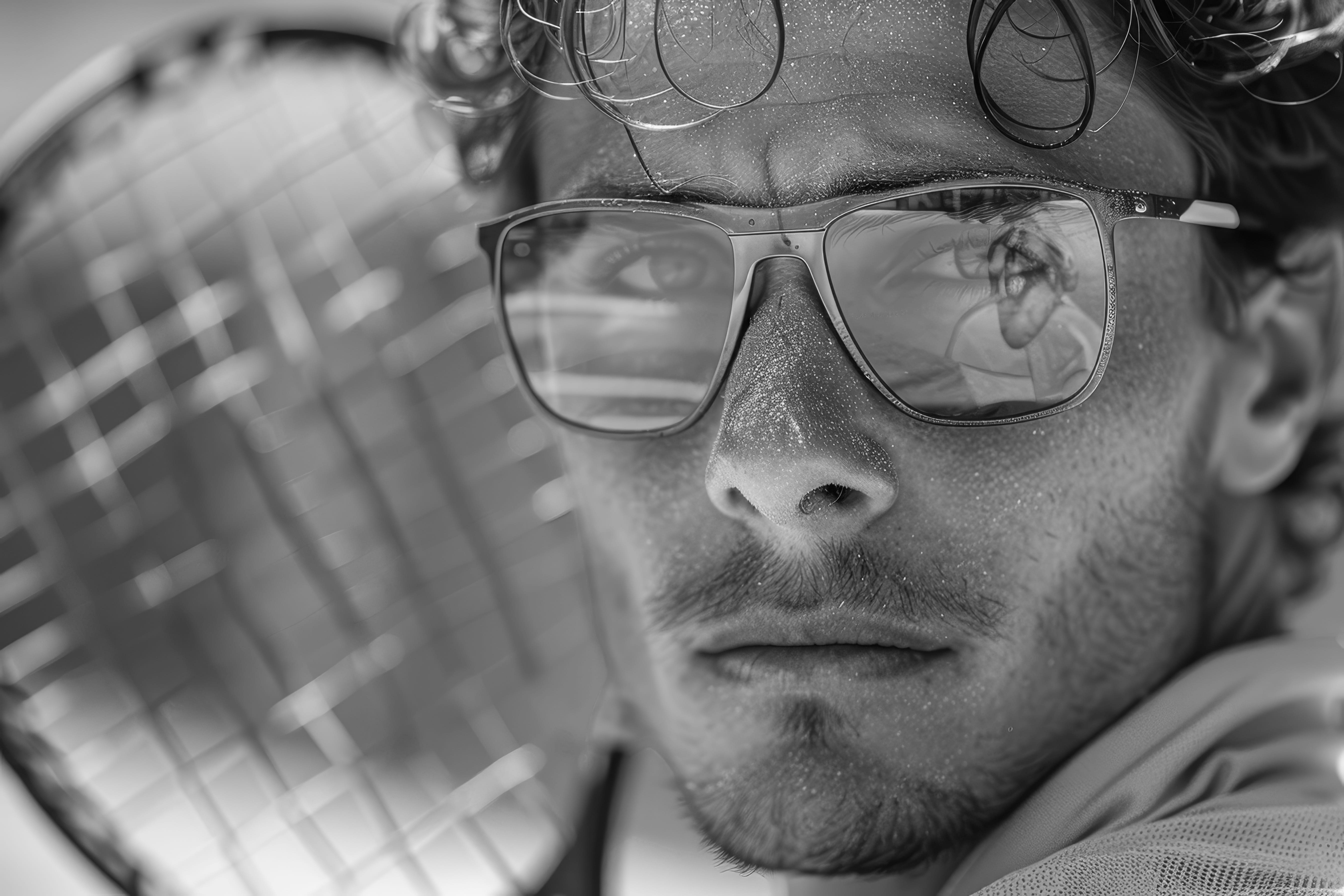 Close-up black and white portrait of a sweaty man wearing glasses with a tennis racket reflection.