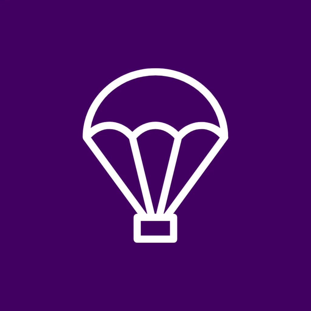 une icône de livraison d'un colis avec un parachute violet