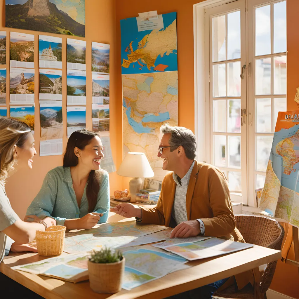 Une travel planner discutant et souriant avec des clients