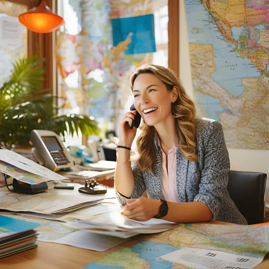 Une travel planner heureuse d'avoir ses clients au téléphone