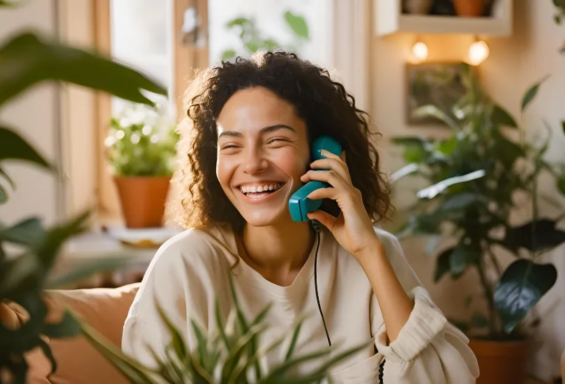 personne au téléphone heureuse