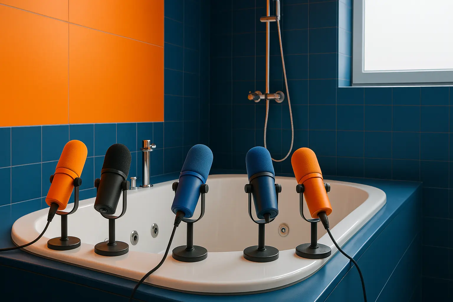 A modern bathtub in a bathroom with blue and orange tiled walls, featuring five colorful microphones—orange, black, and blue—mounted on stands along the tub’s edge, suggesting a podcast recording setup in an unusual setting.