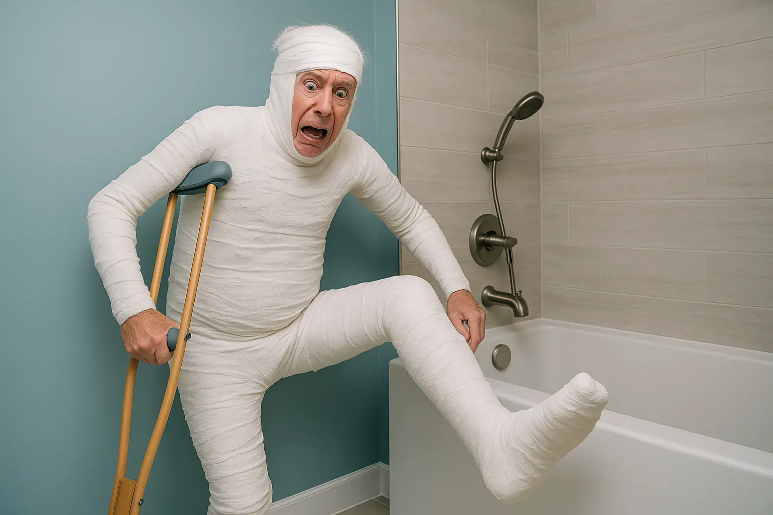An elderly man fully wrapped in bandages like a mummy, holding crutches with a shocked expression, struggles to lift his injured leg over the edge of a bathtub in a modern bathroom, emphasizing the difficulty and risk of traditional tubs.