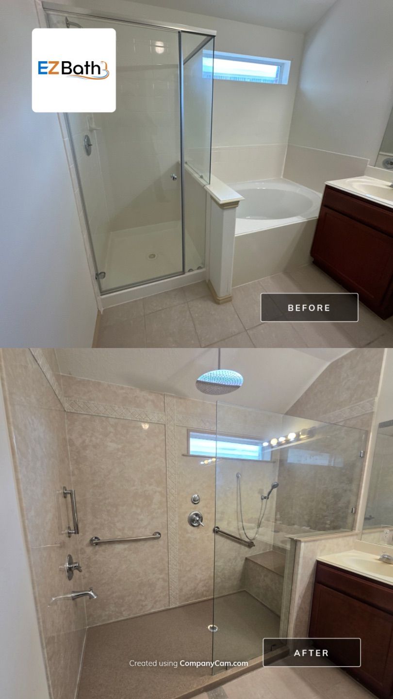 A side-by-side before-and-after image of a bathroom remodel. The before shows a standard glass-enclosed shower next to a white drop-in tub. The after reveals a spacious walk-in shower with beige tile walls, a rain showerhead, built-in grab bars, a bench, and upgraded fixtures, creating a modern and accessible design.