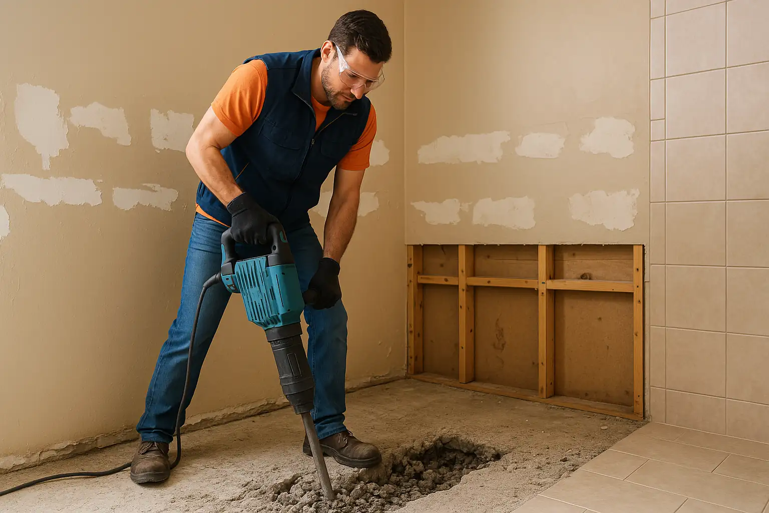A construction worker wearing safety goggles, gloves, an orange shirt, and a blue vest uses a jackhammer to break through a concrete bathroom floor during a remodel. Exposed wall studs and partially removed tile can be seen in the background.