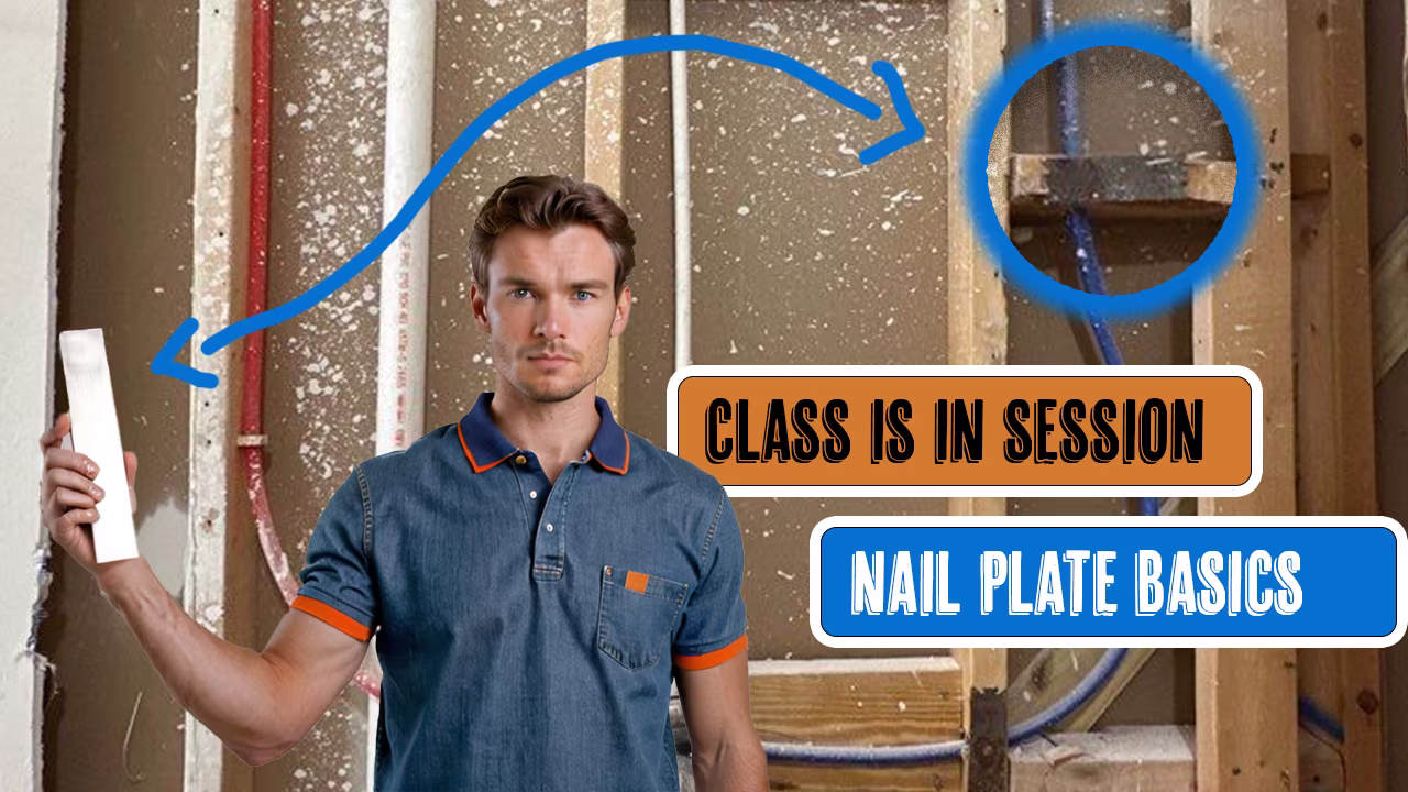 A man in a denim shirt with orange trim holds up a metal nail plate in front of exposed wall framing and pipes. Text reads “CLASS IS IN SESSION” (orange box) and “NAIL PLATE BASICS” (blue box). A large blue arrow arcs from the nail plate in his hand to a m