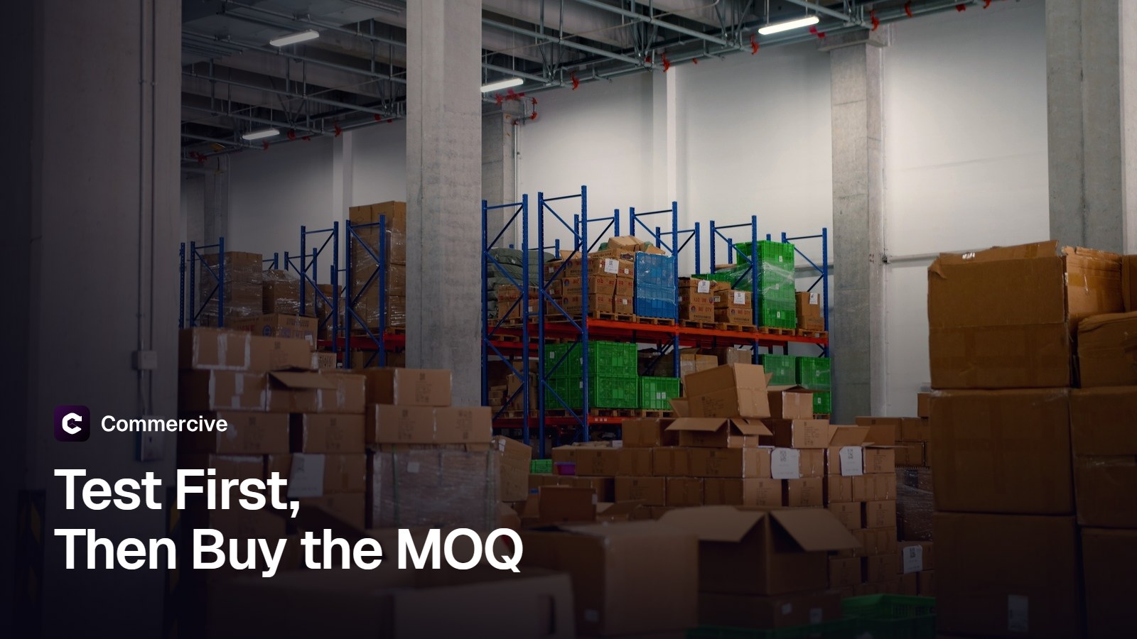 Cartons stacked on pallets and racking in a warehouse
