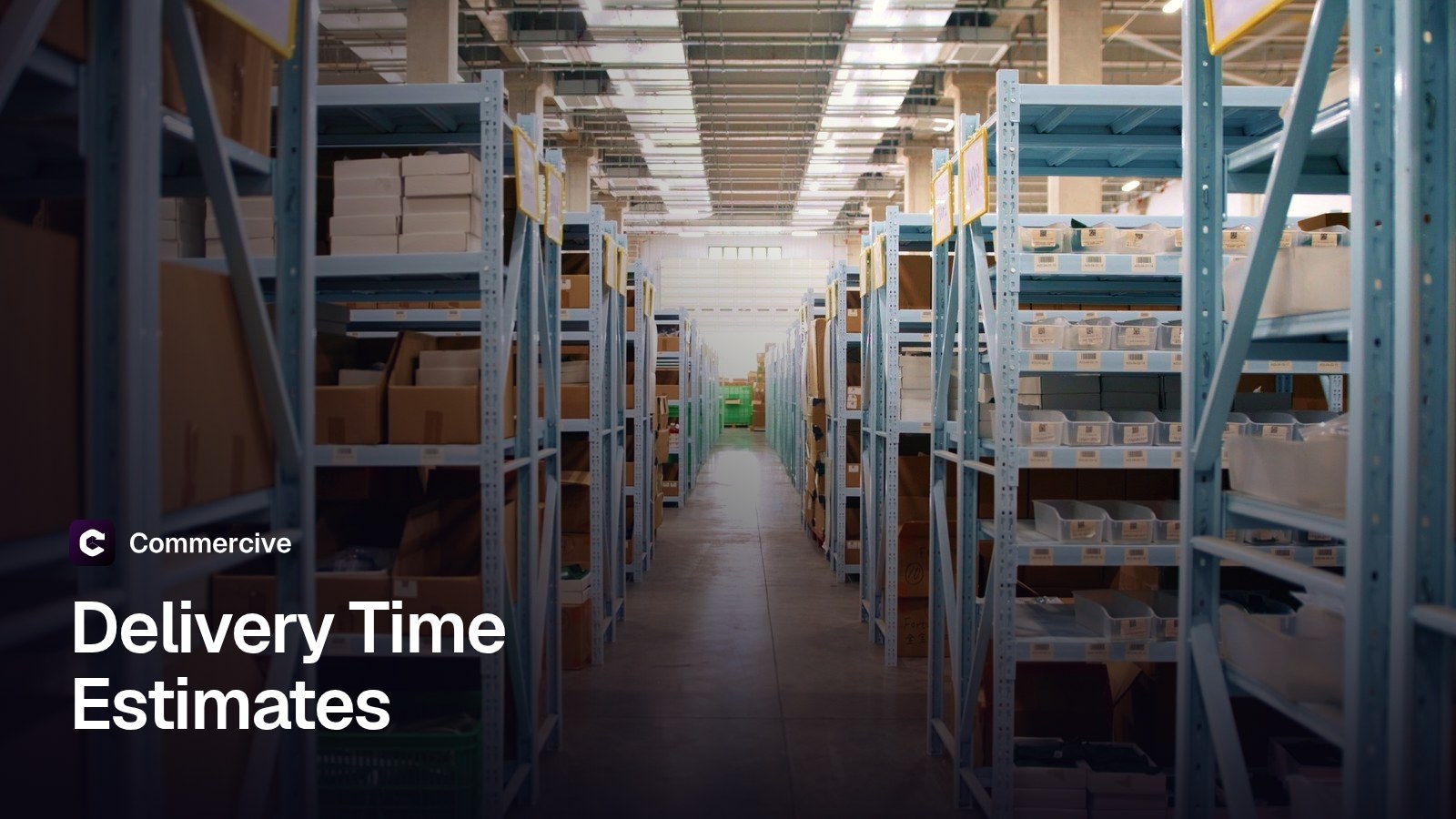 Shelf aisle in a Commercive warehouse in China leading to daylight, with the title Delivery Time Estimates