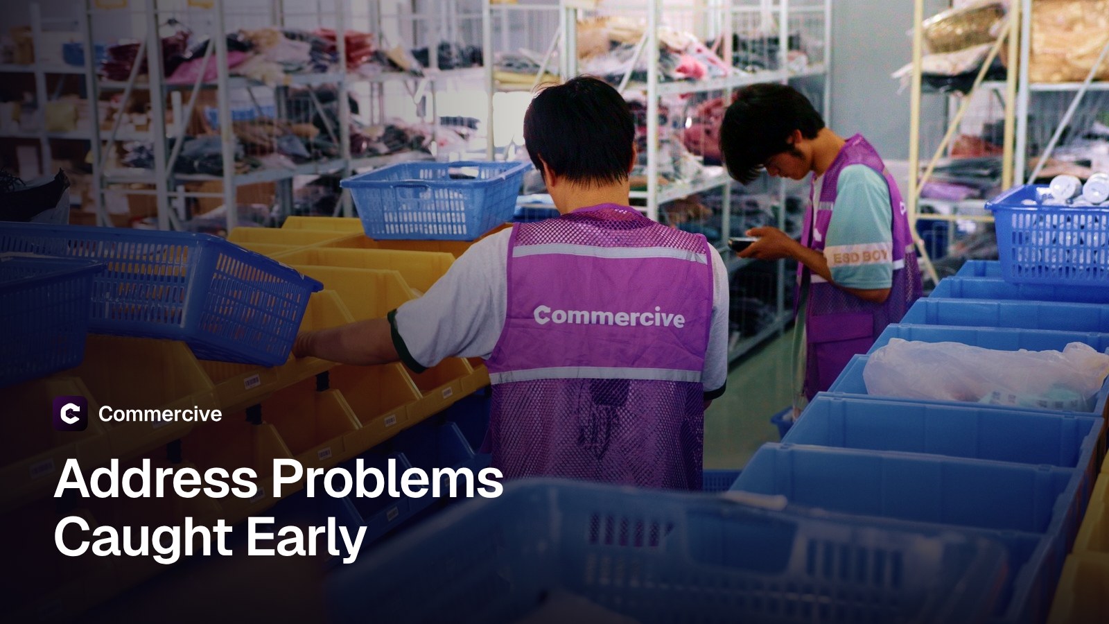 Packers in Commercive vests at pick bins in a Commercive warehouse in China, with the title Address Problems Caught Early