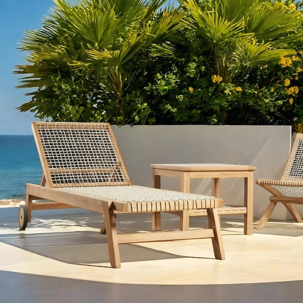 Bain de soleil en teck et corde, mobilier de jardin