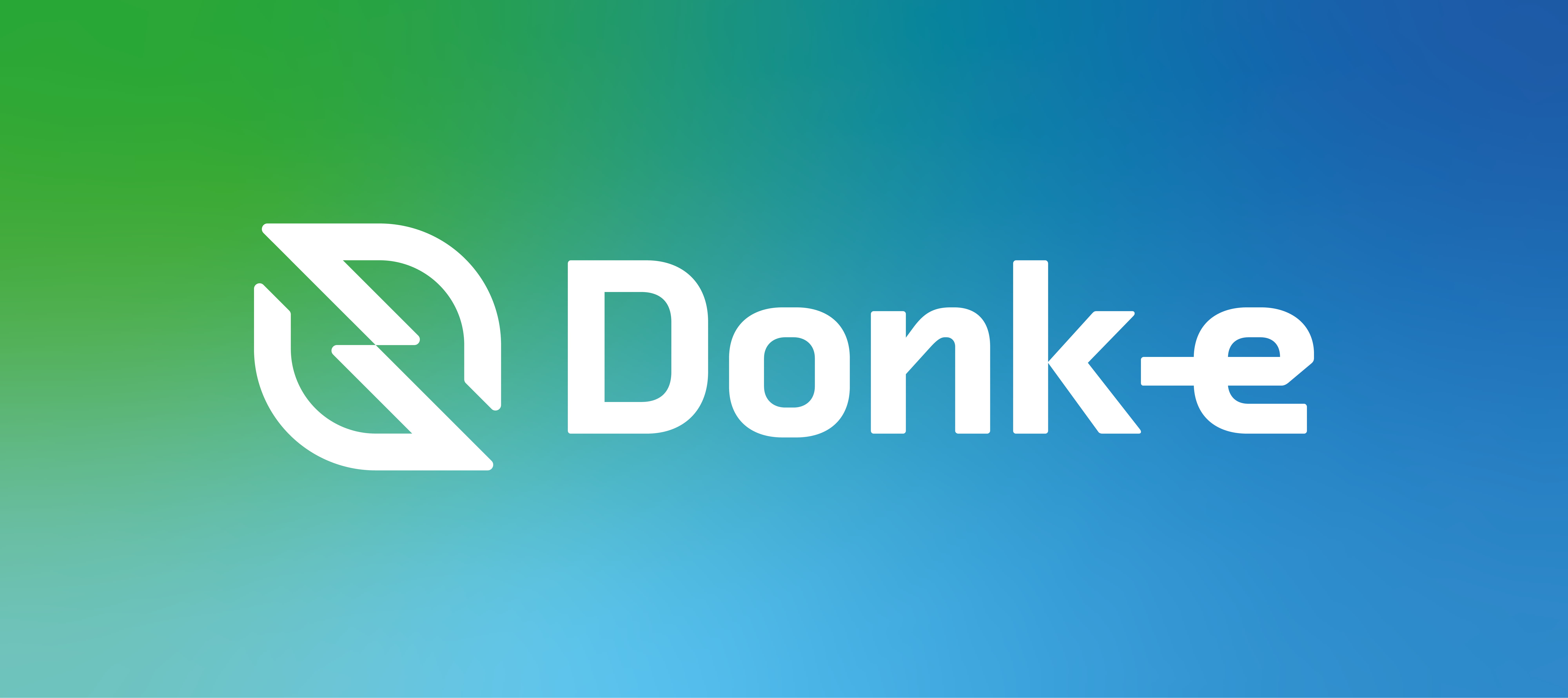 Logo van Donk-e in wit op achtergrond met een complex kleurverloop van groen naar twee tinten blauw.