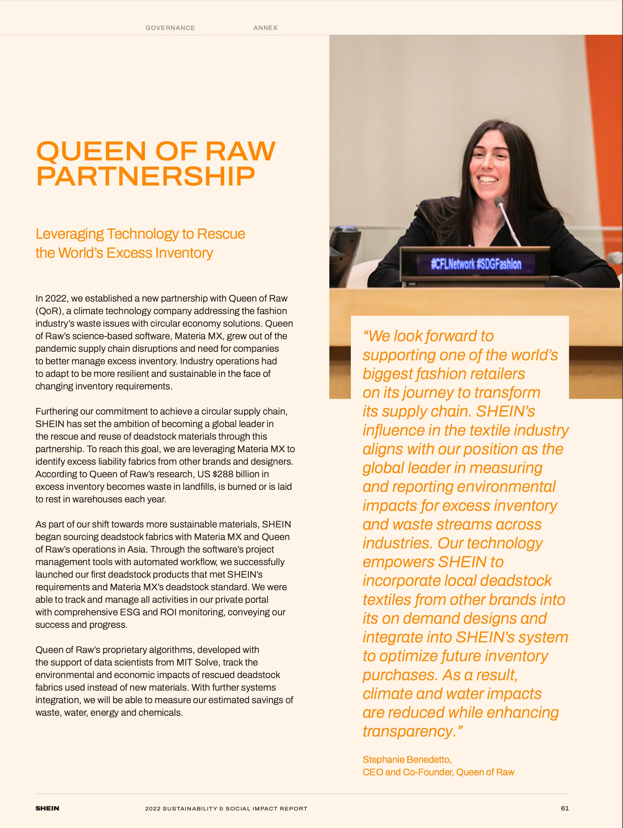 Screenshot of SHEIN’s 2022 Sustainability and Social Impact Report highlighting Queen of Raw’s (Aloqia) technology in textile waste reduction.