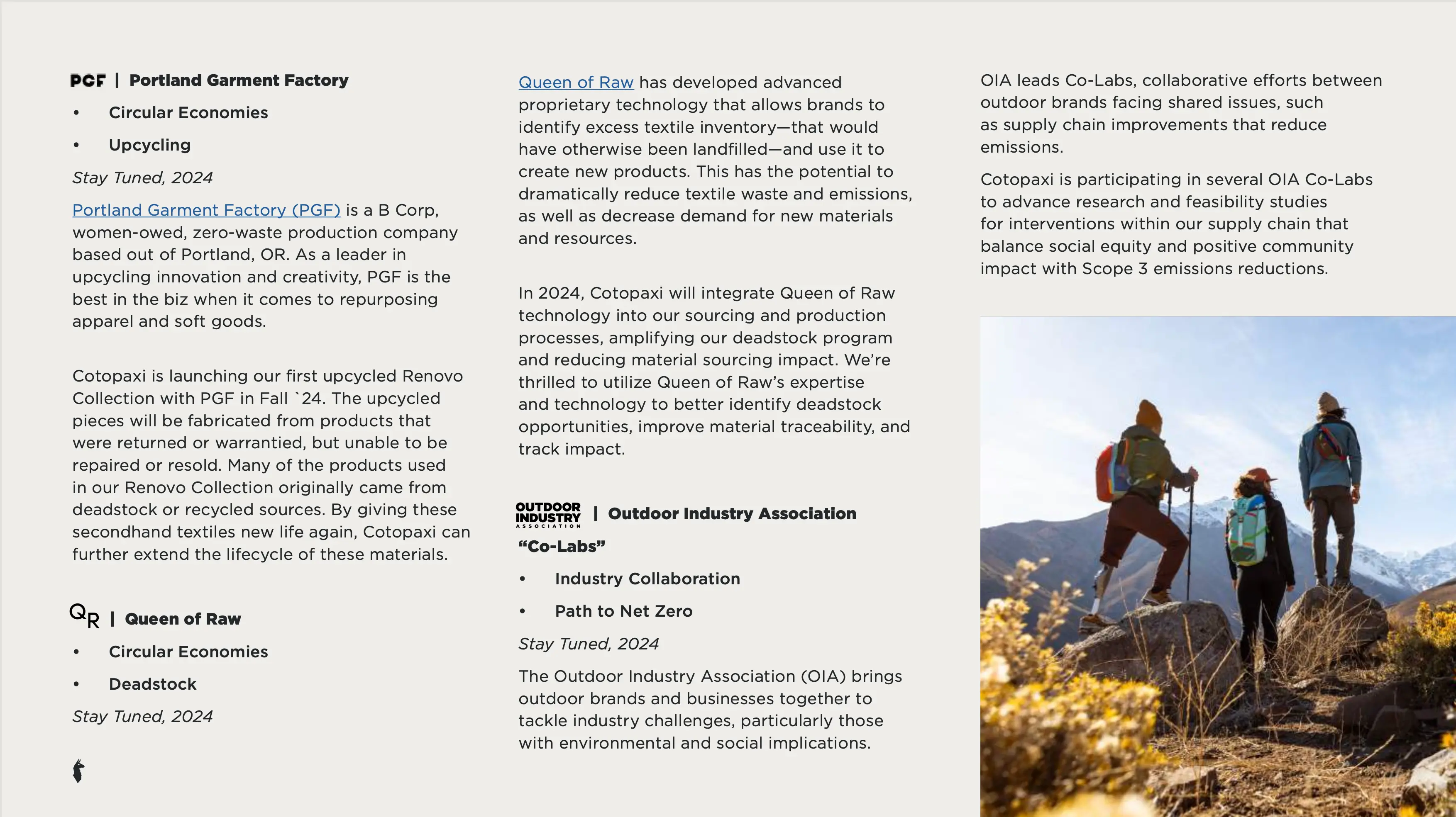 Screenshot of Cotopaxi’s 2023 Impact Report highlighting waste reduction technology with Queen of Raw (Aloqia).