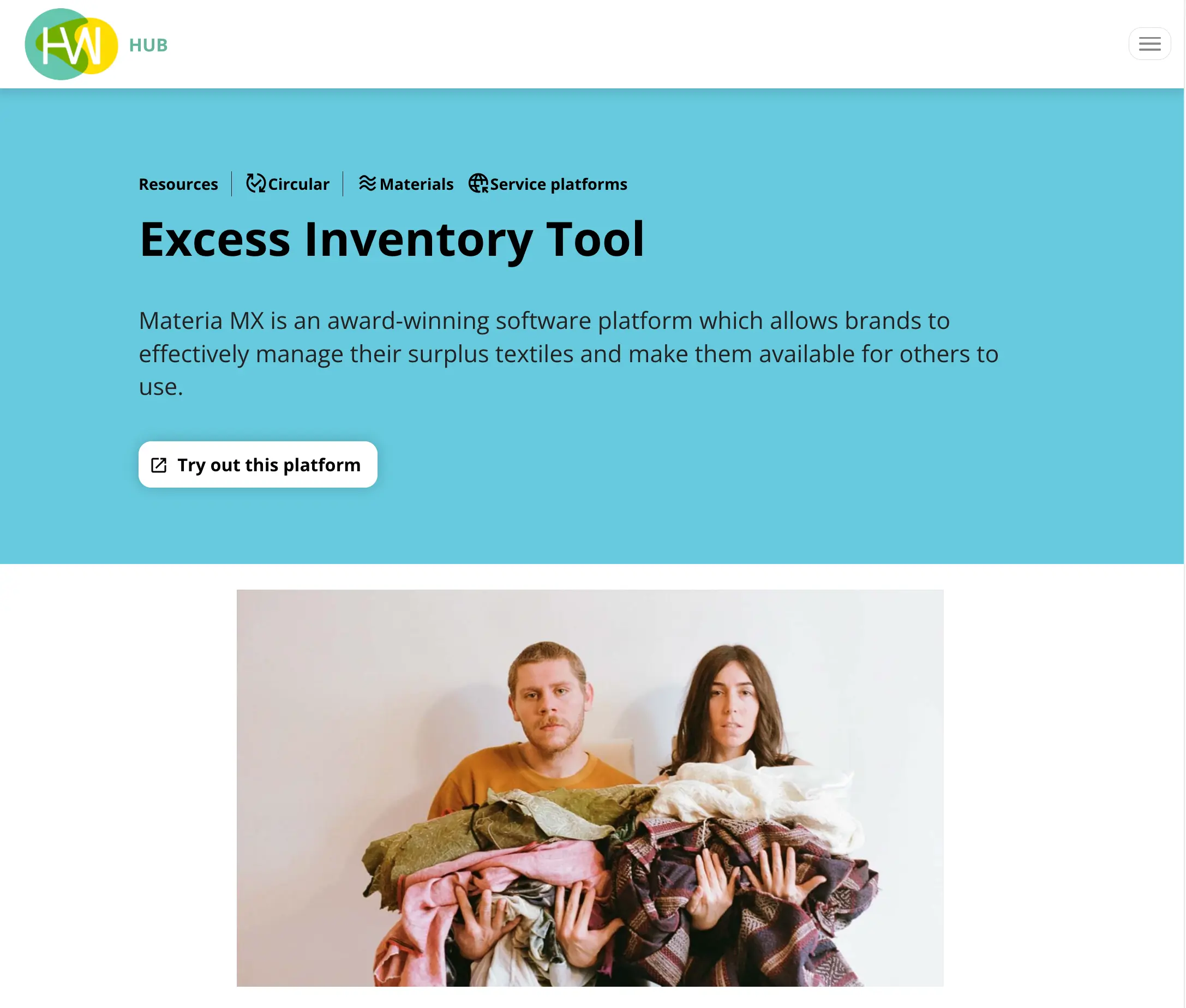 Screenshot of HereWear website highlighting the Materia MX software and its contribution to circular production.
